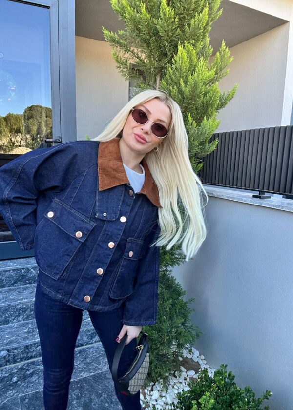 Kargo Cepli Metal Fermuarlı Denim Geniş Kalıp Kadife Yaka Çıt Çıt Düğmeli Jean Kadın Ceket