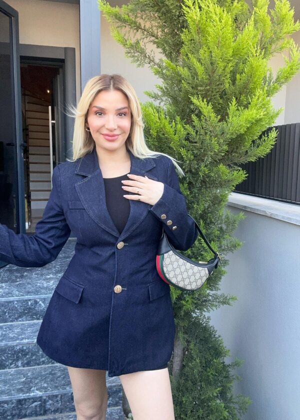 Lacivert Belden Oturtmalı Denim Ceket Gold Düğme Detaylı Blazer Ceket